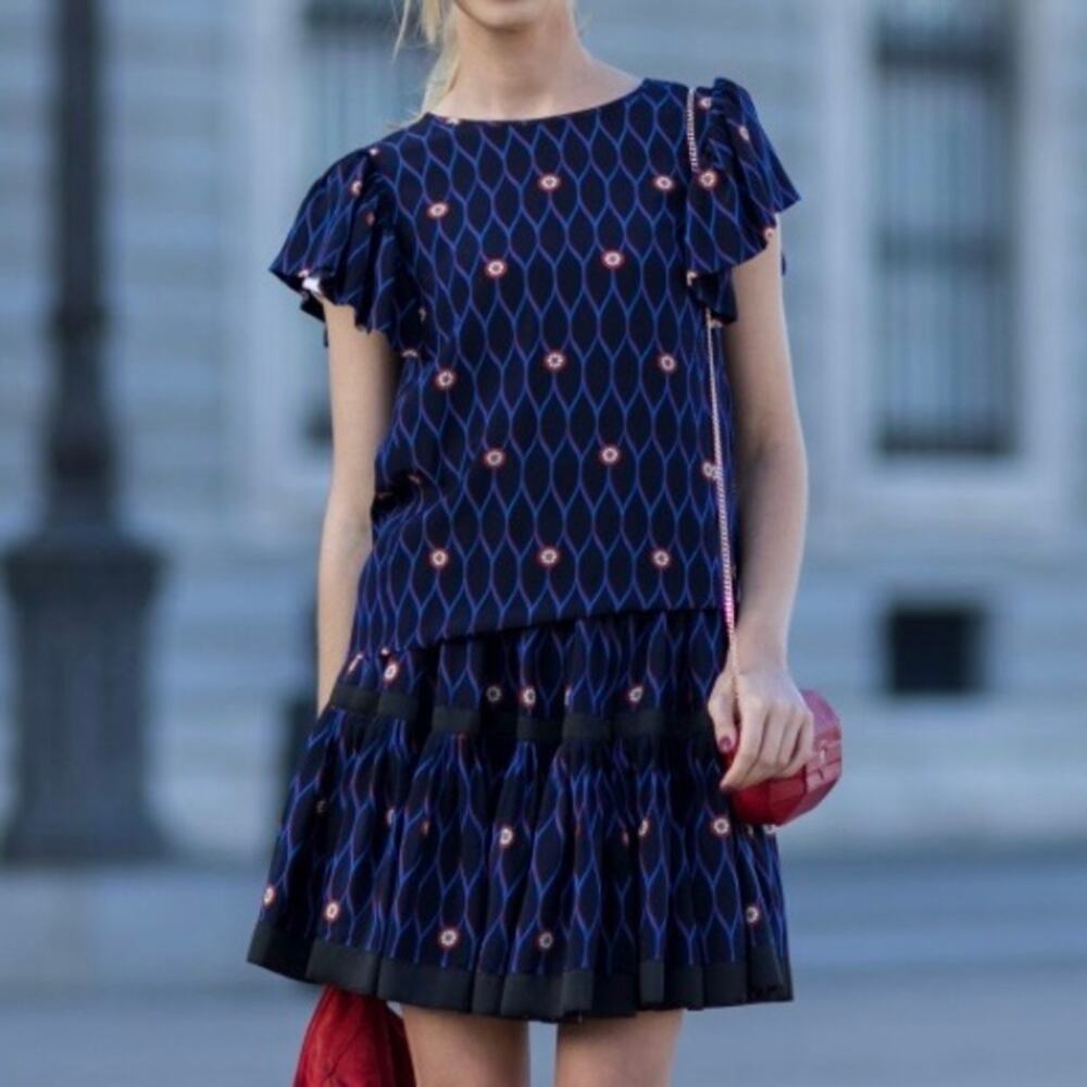 Kenzo x H&M Women's Abstract Print 100% Silk Ruffle Cap Sleeve Blouse Size 2
